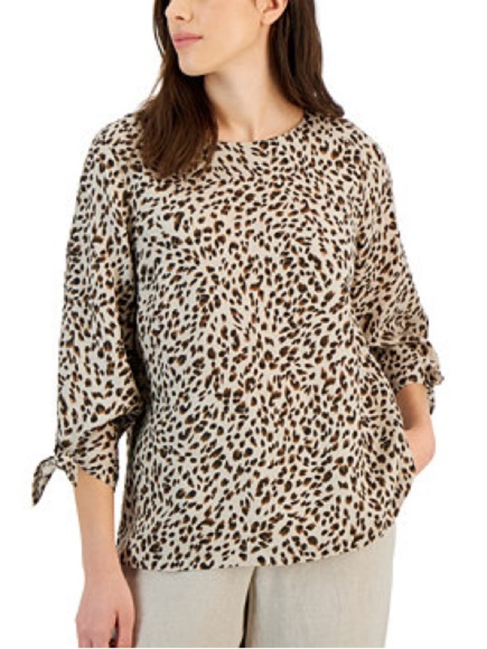 NWT Charter Club Luxury 100% Linen Animal Print Tie Cuff Top Tan/Brown Size XS